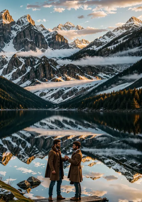 Nestled between towering alpine peaks and the mirror-like waters of Hallstätter See, two strikingly handsome, athletic men stand together on a secluded wooden dock. The crisp mountain air carries the faint scent of pine and fresh water, while the golden hu...