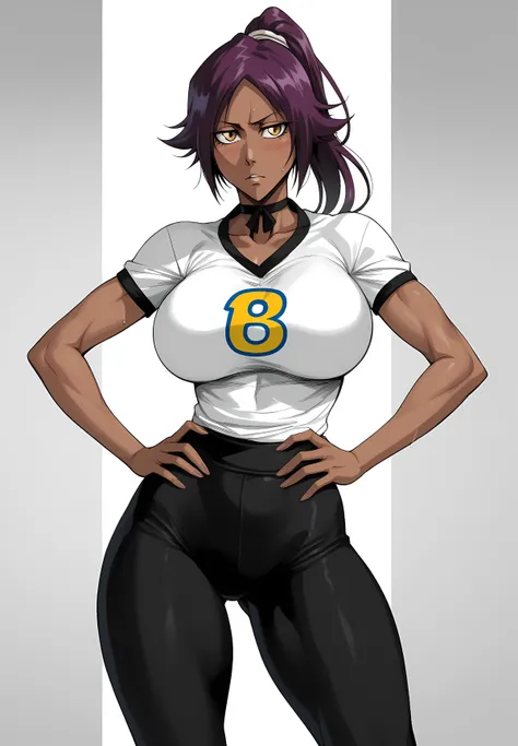 1girl, solo, anime, bleach anime , yoruichi shihouin, tanned skin, ponytail, curly hair, long purple hair, curly hair, red ribbon, yellow eyes, cat eyes, blushing,wearing Brazil football tshirt, tight fitting ,huge chest, curvy body, thick thigh, sweating,...