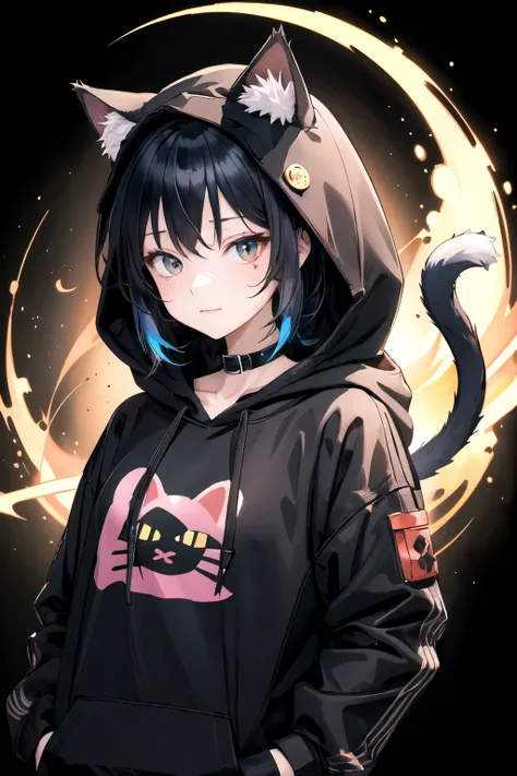  Anime girl with black hair and cat hat , Illustration im Anime-Stil, moe artstyle,  8 K wallpaper , digitale Illustration, beautiful cat girl ,  He is wearing a hoodie with animal ears and TechnoWear technology,  Futuristic fashion in black and holographi...