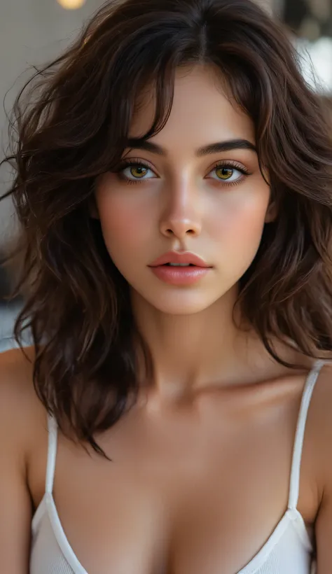 create an ultra realistic photo , in portrait format , From a brunette Brazilian influencer, Young, beautiful, tanned, green eyes, curly brown hair