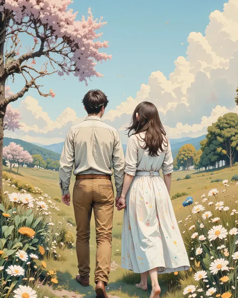 "Create a serene and dreamy scene of a couple walking through a vibrant meadow filled with tall grass and blooming white and yellow wildflowers under a bright, clear blue sky dotted with fluffy white clouds. The couple is seen from the back, gently strolli...