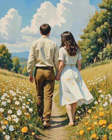 "Create a serene and dreamy scene of a couple walking through a vibrant meadow filled with tall grass and blooming white and yellow wildflowers under a bright, clear blue sky dotted with fluffy white clouds. The couple is seen from the back, gently strolli...