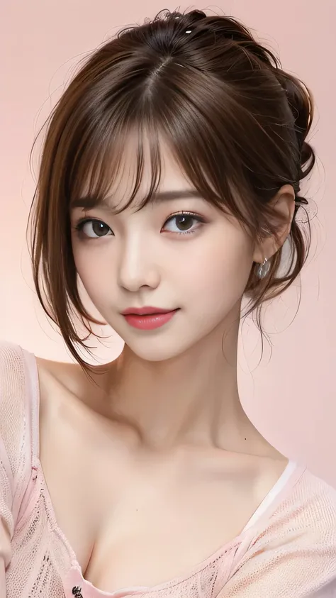 Masterpiece, top quality, high resolution, highly detailed, One person、woman、22 years old、 amazingly cute girl 、smile、 blushes、 detailed face、 short hair、 ponytail、( light brown hair:1.4)、 asymmetrical bangs、Messy Hair、 slender body、 textured skin、 shiny s...