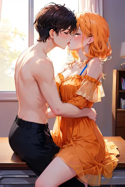 Shirtless boy kissing and making out with a sexy women wearing an off shoulder orange dress who is sitting on the desk in a bedroom