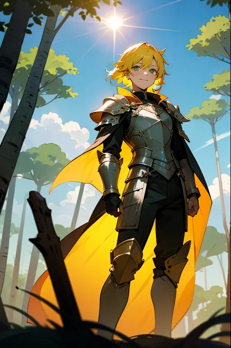 1male, Green Eyes, Perfect Eyes,Yellow Hair,Medium Hair, Gleeful Expression, Armor, Cape, Forest In Background,Sun,Clouds in sky, Standing Proudly, perfect lighting, looking at viewer