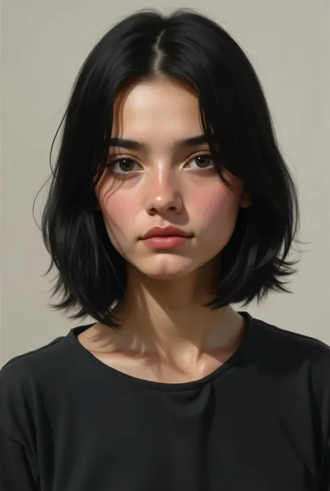 Realistic   portrait. Adolescent. Shoulder-length black hair, black eyes and black clothes, Azerbaijan style normal woman. Not so beautiful.