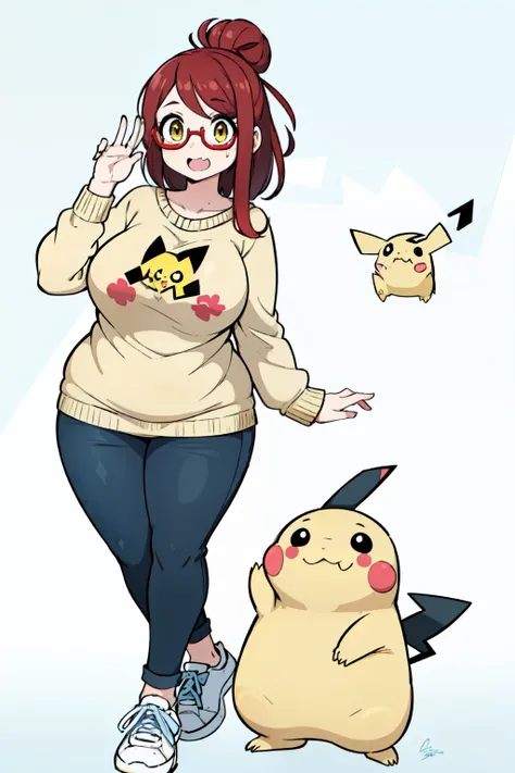 Young girl, , long red hair tied in a messy bun, bottle-bottom glasses, some pimples on her face, a yellow sweater with a Pikachu print, jeans and black All Star sneakers, chubby, Caucasian