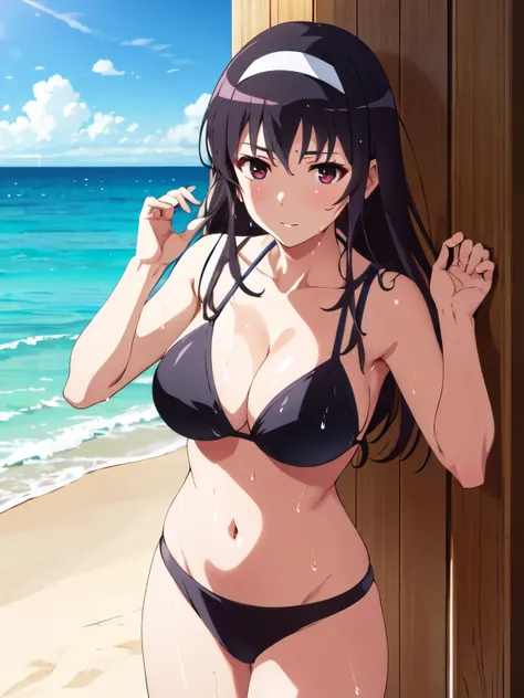  top quality,  Masterpiece, Watch Viewers , wet skin, alone,  one girl,  2D, anime, color,   Kasumigaoka Uta,  cleavage, black bikini,sea,blue sky, Sandahama, pose with movement,