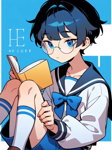 Portrait of 1 young boy with big round glasses reading a book on light-blue background (He has short black hair with bangs. He is petite and small. He has dark-blue eyes. He wears a sailor uniform made of white blouse, blue bow, blue shorts, white sock and...