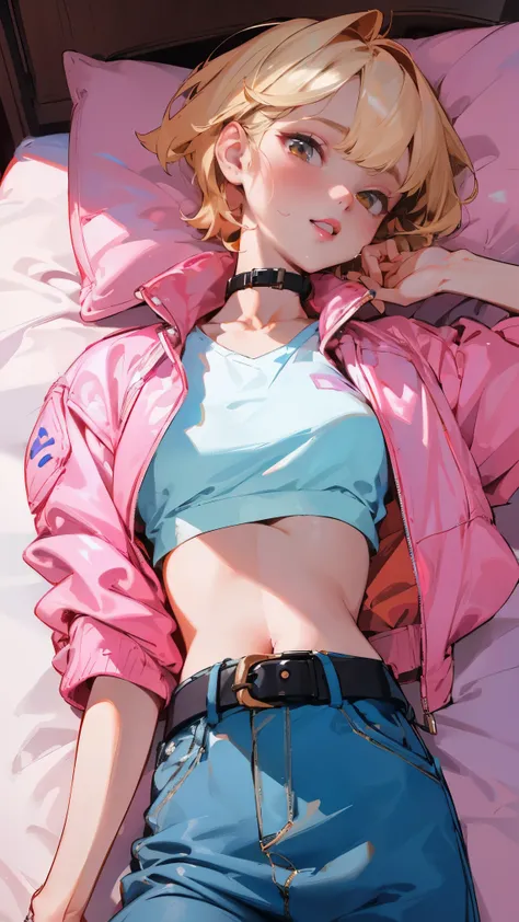 (in bed, best quality) detailed, 1 character 23 years old, short hair, blonde hair, orange eyes, no pupils, pink lips, fair skin, wearing a light blue jacket, black crop top, pink belt, BLACKPINK inspired outfit, smooth color fade, cell shading,