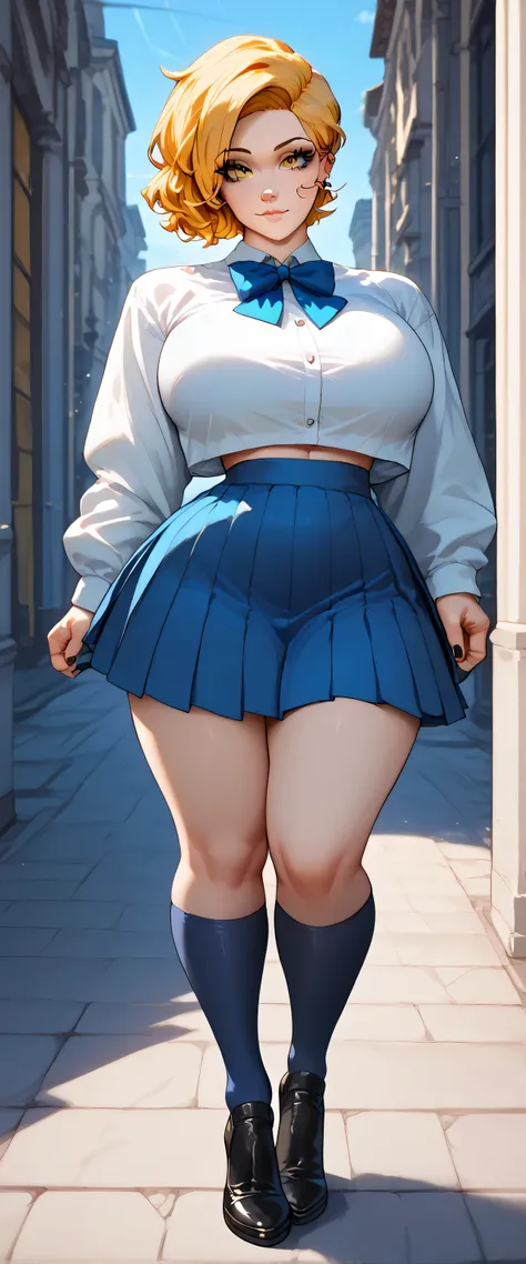 A sexy girl beautiful big breasted sensual dark yellow hair short her light yellow eye wears a white school uniform and a blue skirt cut long blue socks with black heel 