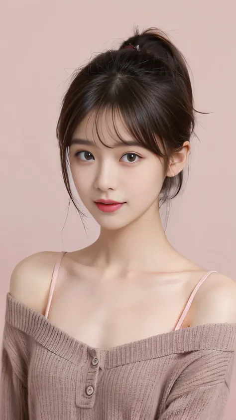 Masterpiece, top quality, high resolution, highly detailed, One person、woman、20 years old、( amazingly cute girl )、smile、 detailed face、 beautiful detailed eyes、 short hair、 ponytail、( Hair:1.5)、 asymmetrical bangs、Messy Hair、 slender body、 textured skin、 s...