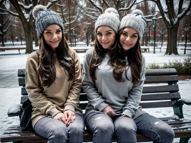 2heads, highly detailed, best resolution, two-headed woman, age 26, American, brunette, beanie hat, warm clothing, warm leggings, snow boots, sitting on a city park bench on a showy day, 