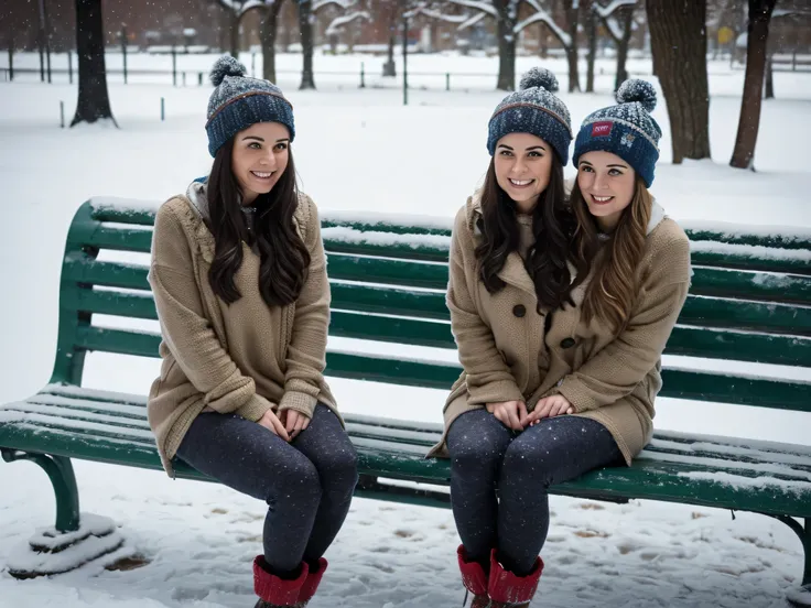 2heads, highly detailed, best resolution, two-headed woman, age 26, American, blonde, beanie hat, warm clothing, warm leggings, snow boots, sitting on a city park bench on a snowy day, 