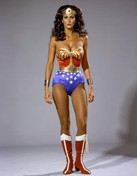 Lynda Carter as diving outfit Wonder Woman, sexy photoshoot in a blank gray background, full body photo, standing very sexy seductive posing, showing off hot legs and boots, ((( with eyes opened, mouth open, glossy lips )))，with a desperate sexy expression