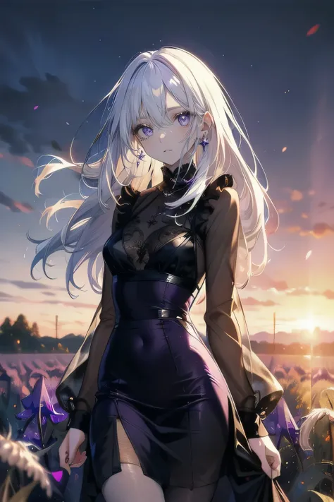 (masterpiece), (best quality), ultra detailed, finely detailed color, cenematic painting, smile, slender body, small chest, outdoor, wheat field, sunset, evening, dusk, twilight, vesper, bishoujo, ((one lady)), 20 years old girl, cute face, ((white hair:1....