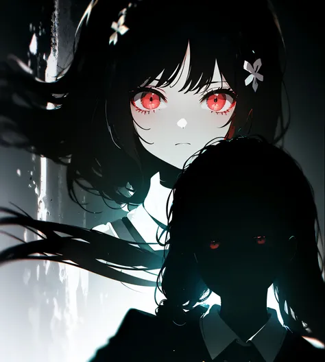 fille manga sad beautiful red eyes ( limited palette:1.2), colorful black background(, neon hair, black light:1.2), regardant le spectateur,  masterpiece striped sweater,  best quality,
 Hair Ornament, pull noirCheveux Longs, Contre-Jour
, impressionism, 