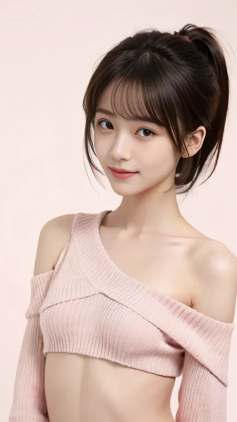 Masterpiece, top quality, high resolution, highly detailed, (nsfw:1.2), One person、woman、22 years old、( amazingly cute girl )、smile、 detailed face、 beautiful detailed eyes、 short hair、 ponytail、( Hair:1.5)、 asymmetrical bangs、Messy Hair、 slender body、 text...