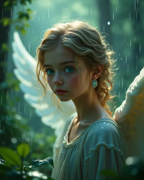 An angel with beautiful blue eyes is in an emerald forest and shines with its own light. It is raining and their faces are wet with raindrops. A hopeful and calm atmosphere

