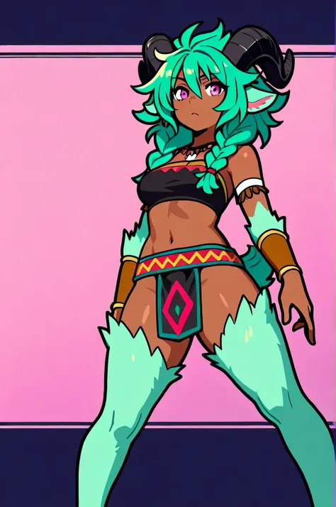 satyr, female, green hair, messy hair, braided hair, green fur, dark skin, pink eyes, tribal clothes, black horns, solo, standing,