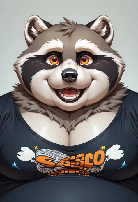 overweight raccoon, (((raccoon))), procyonid, furry, (morbidly obese, fat, excess fat), ((gray fur)), (big eyes, orange eyes), male, long snout, wide snout, black nose, (((focus on face))), ((massively fat)), ((massively fat pecs, bulging pecs)), ((extreme...