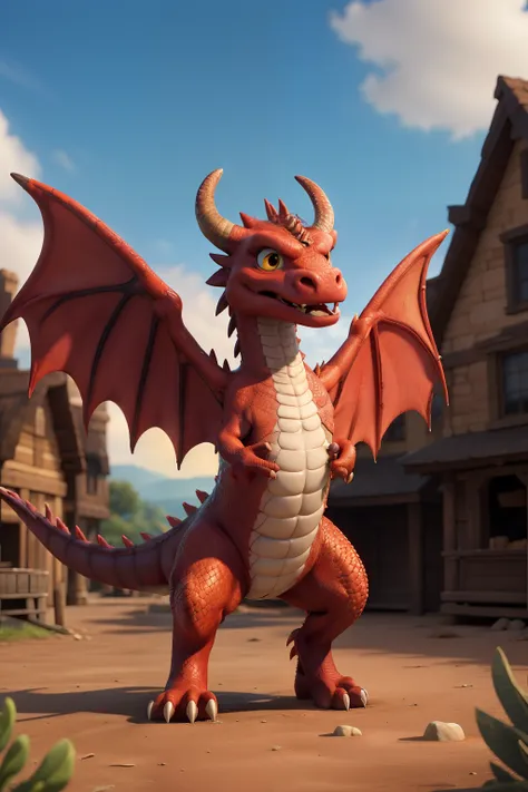 The wicked red dragon standing in front of the village