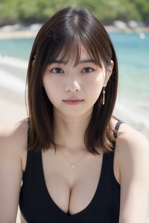  photos、's greatest masterpiece、 top quality、 Hi-Res、A beautiful Japanese woman is standing at the edge of the waves on a summer beach、I can see the horizon、（ribbed tight tank top）、( big breasts:1.3)、Soft breasts、( cleavage)、 cute乳首、 small nipples、１Beautif...