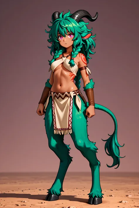 satyr, female, green hair, messy hair, braided hair, green fur, dark skin, pink eyes, tribal clothes, black horns, solo, standing,