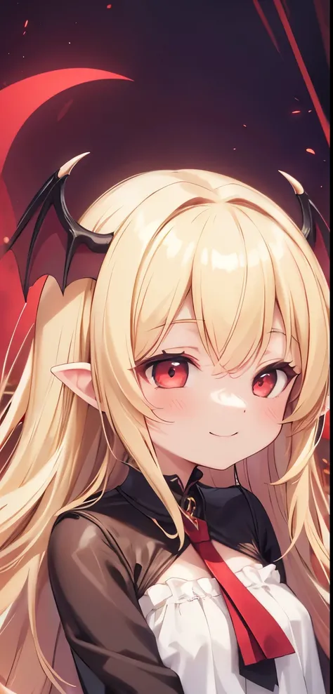  cinematic lighting,  long hair,  blonde,  red eyes,  Babyface, cute petite girl ,  succubus,  hair that flutters like , Baby Face,  archic smile ,  half-closed eyes, Young girl