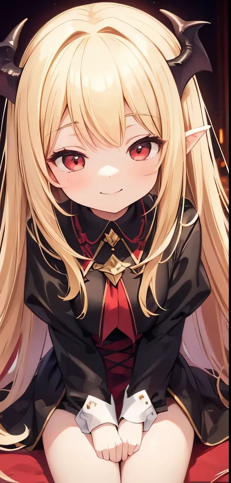  cinematic lighting,  long hair,  blonde,  red eyes,  Babyface, cute petite girl ,  succubus,  hair that flutters like , Baby Face,  archic smile ,  half-closed eyes, Young girl