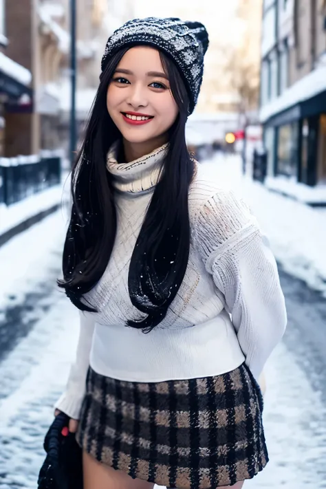 white knitted hat 、 black hair、 straight hair、smile、Big Breasts、 slim body、 White Turtleneck Knitted Sweater、 tartan plaid tight mini skirt in a snowy city、 white knee-high boots、 standing in a snowy city 