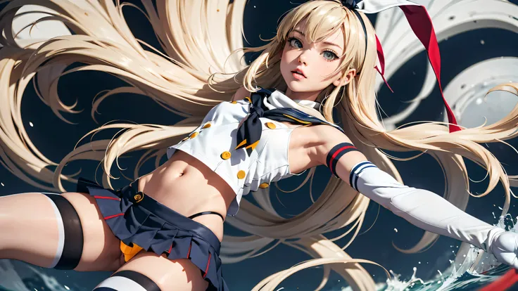 (masterpiece, best quality), 1girl, kancolle, grey eyes, hairband, blonde hair, serafuku, neckerchief, crop top, gloves, elbow gloves, white gloves, navel, blue skirt, thighhighs, striped, striped thighhighs