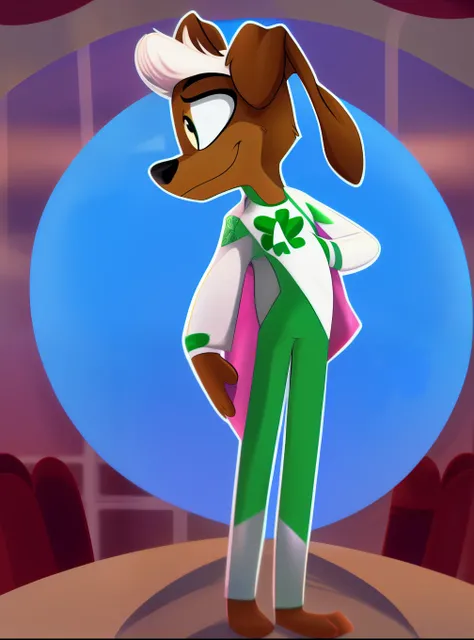 A cartoon of Jack, a brown pup with a tall and slender build. He has large expressive eyes, a pointed snout and wearing Lucky Shamrock supersuit from the 1980’s. Full body view. Standing, by vivzmind, (best quality, masterpiece:1), detailed,