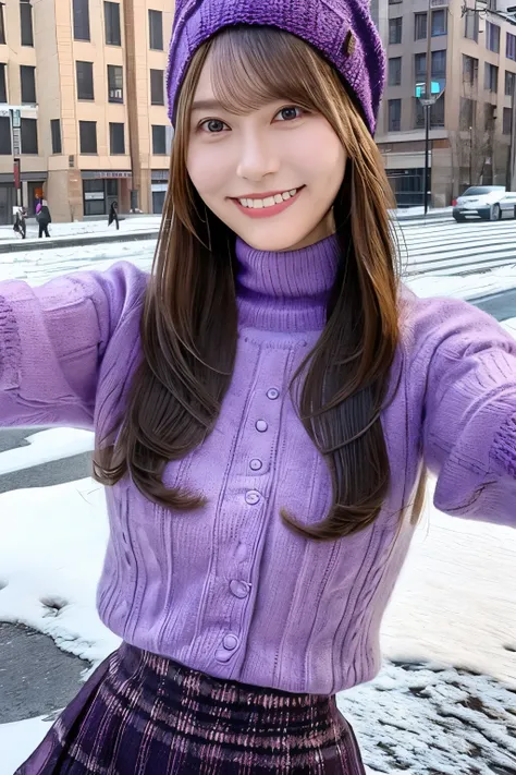 purple knitted hat 、 brown hair、 straight hair、 with bangs、smile、Beautiful breasts、 slim body、 purple turtleneck knitted sweater、 plaid tight mini skirt 、 standing in a snowy city 