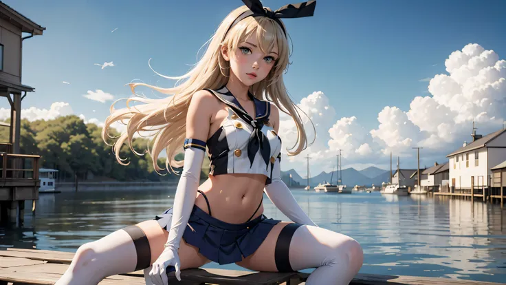 (masterpiece, best quality), 1girl, sitting on the edge of a dock,  kancolle, grey eyes, hairband, blonde hair, serafuku, neckerchief, crop top, gloves, elbow gloves, white gloves, navel, blue skirt, thighhighs, striped, striped thighhighs