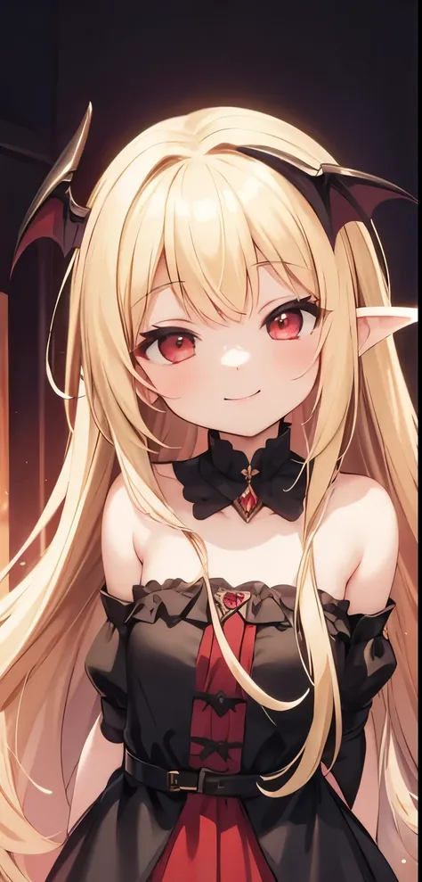  cinematic lighting,  long hair,  blonde,  red eyes,  Babyface, cute petite girl ,  succubus,  hair that flutters like , Baby Face,  archic smile ,  half-closed eyes, Young girl