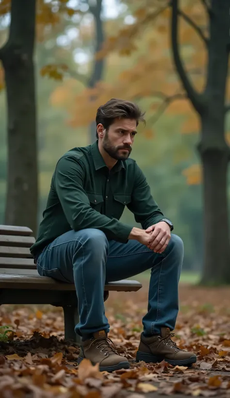  30-year-old male, dark green shirt and jeans, brown hiking shoes,  sitting on a bench , in a park,  forest, sad man, THOUGHTFUL, autumn, cold colors, Saturated image, 8k