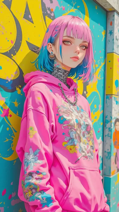 8k, masterpiece, highest quality, Korea's Beautiful Women, Vibrant, colorful dyed hair, pink and blue hair, bright pink hoodie, graffiti background, urban street art, yellow abstract designs, teal wall, silver chain necklace, youthful style, confident pose...