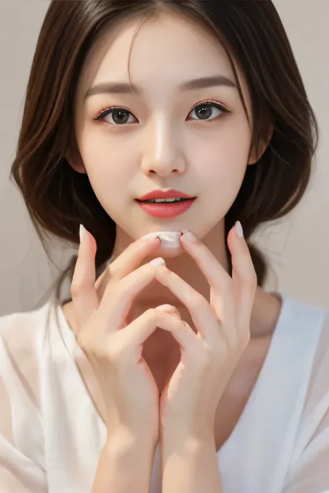    closeup of a woman  。  wear a white shirt 、  applying red lipstick  。,   index finger, {{   perfect hand, With your fingers, Fix your hands}}, with  cute - nice - face  ,     beautiful hands  ,   hands on face,   milky white skin  ,    beautiful young K...