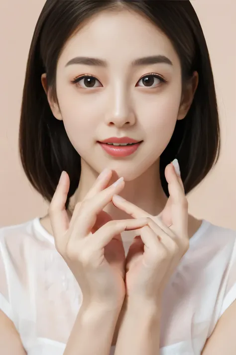    closeup of a woman  。  wear a white shirt 、  applying pink lipstick  。,   index finger, {{   perfect hand, With your fingers, Fix your hands}}, with  cute - nice - face  ,     beautiful hands  ,   hands on face,   milky white skin  ,    beautiful young ...