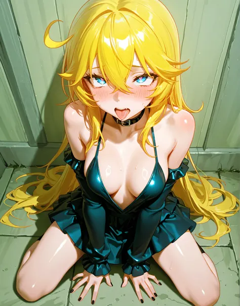 Kizi，Highly detailed, Amazing work，Vitreous luster,((clean backdrop))，In green，(((yellow colors)))，blue color，pink colour，ahegao, Best quality at best，clean backdrop。goth, plunging neckline, kneeling, looking up, shiny skin, masterpiece:1.5, blue eyes, yel...