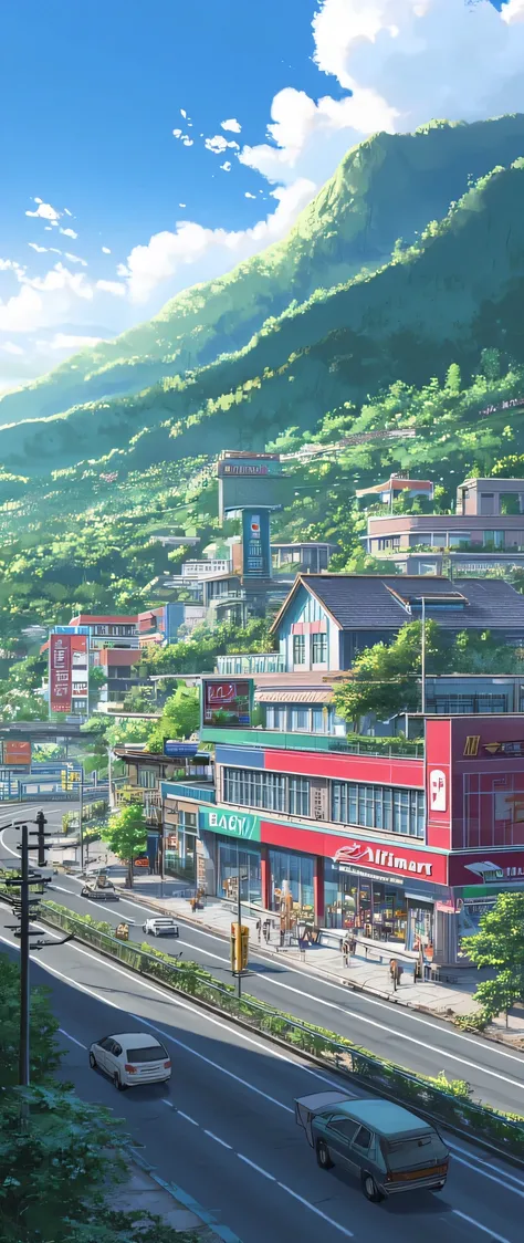 Make an anime-style background, city Cianjur, West Java, Indonesia, on the side of the road there are: houses, grocery stores, minimarkets, grocery stores, other shops, surrounded by green mountains, next to the road there is an Alfamart minimarket, detail...