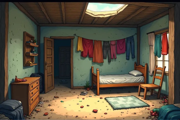 A cartoon village room, which shows poverty. The room has broken bed and one Matt on floor some hanging cloths on wall the broken ceiling