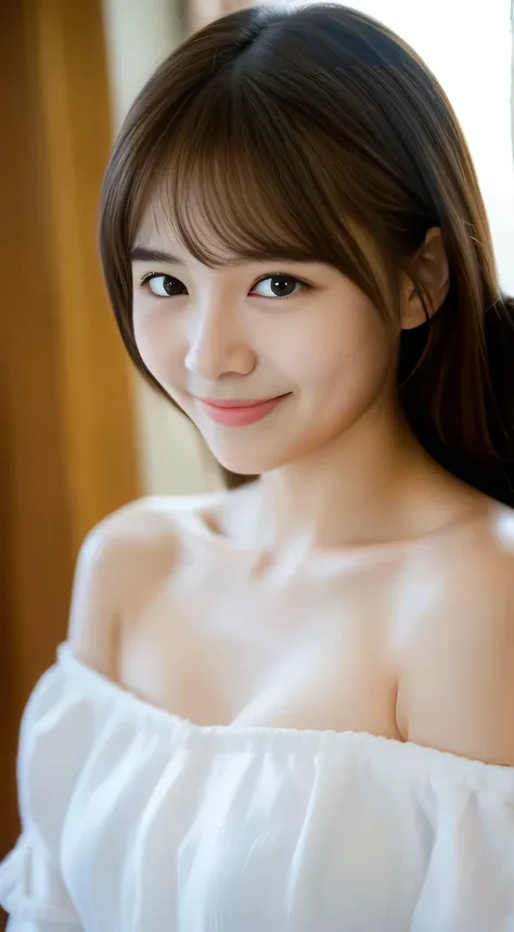 masterpiece,best quality,(Japanese girl),((Beautiful girl)),cleavage,(off shoulder:1.2),(perfect body beauty:1.2),(shy smile),From slightly above