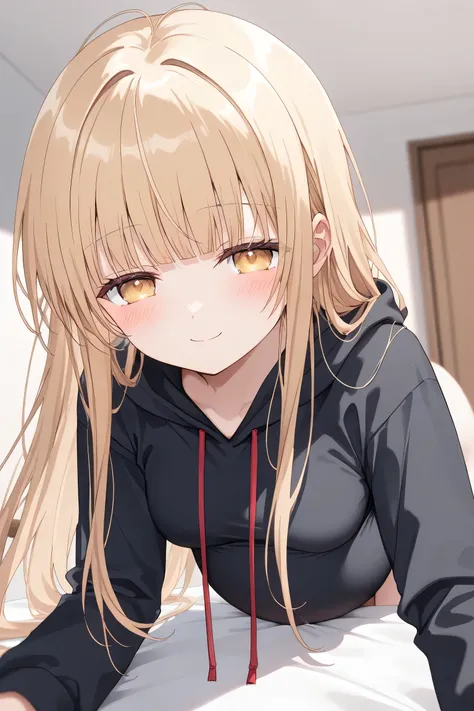 (Best quality, 4k, 8k, high resolution, masterpiece:1.2), ultra detailed, intricate details,SOLO,beautiful girl, alone, cat hoodie, middle hair, blond hair, blunt bangs,caramel-colored eyes, small-medium breasts, red ribbon tie, blush, perfect smooth skin,...