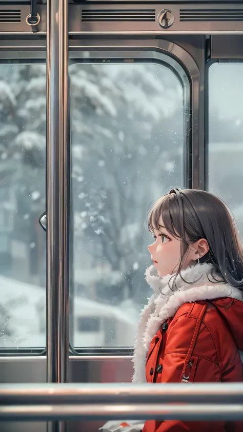  in high definition、housewife, Beauty : 158cm, ((On the train)),  cute,  clear , ( Face Details ),  Curvy Body,  beautiful style hair ,  red knit and black miniskirt,  medium short , ((train window、White and silver landscape with snow))