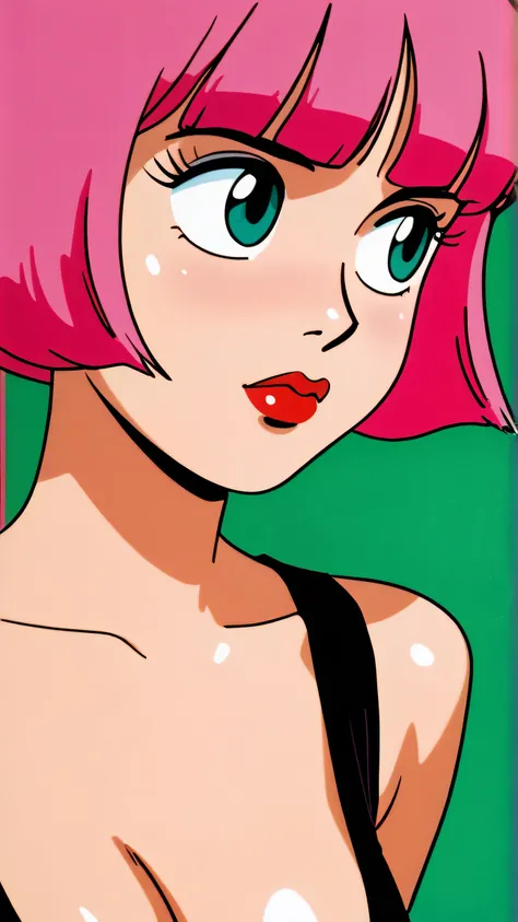 master piece:1.5、(minimal art, line drawing), 1girl,solo，asian girl, pink hair, teal eyes, solo, bob cut, short hair, portrait, closed mouth, bangs, blunt bangs, red lips, shiny skin, perfect breasts, cleavage, plunging neckline, style retro classic, illus...