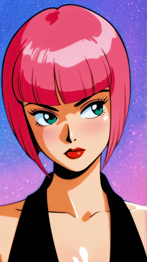 master piece:1.5、(minimal art, line drawing), 1girl,solo，asian girl, pink hair, teal eyes, solo, bob cut, short hair, portrait, closed mouth, bangs, blunt bangs, red lips, shiny skin, perfect breasts, cleavage, plunging neckline, style retro classic, illus...