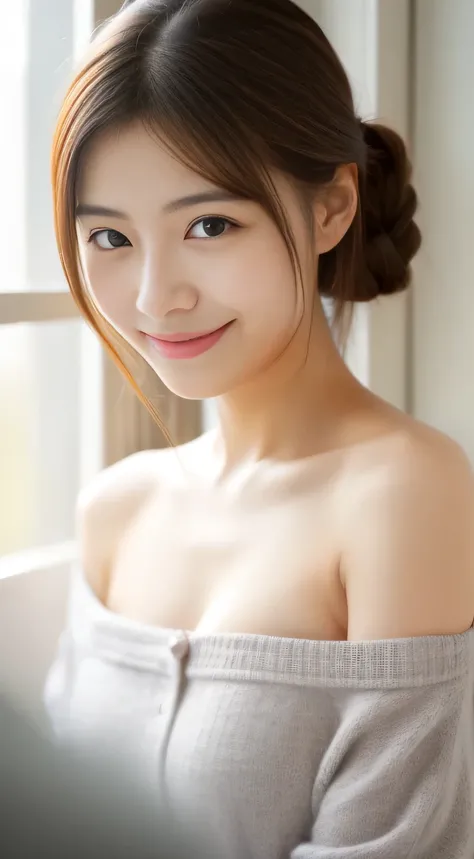 masterpiece,best quality,(Japanese girl),((Beautiful girl)),cleavage,(off shoulder:1.2),(perfect body beauty:1.2),(shy smile)