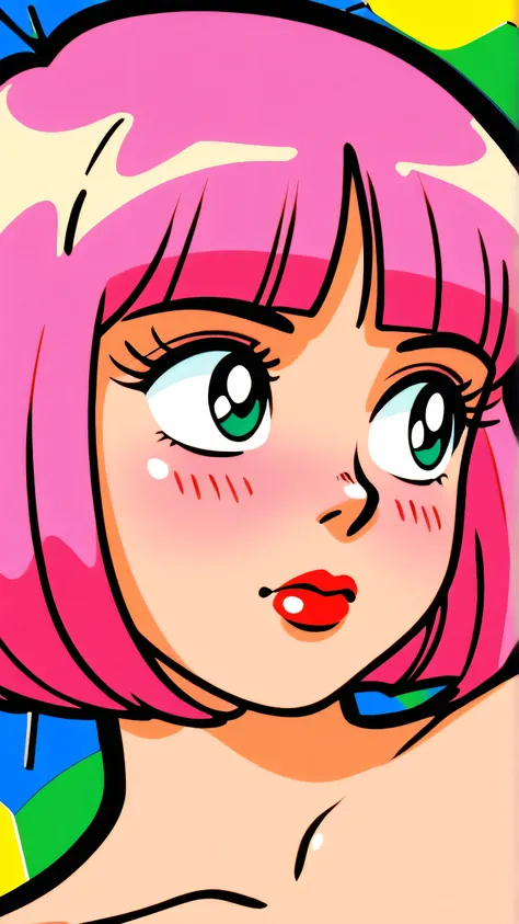 master piece:1.5、(minimal art, line drawing), 1girl,solo，asian girl, pink hair, teal eyes, solo, bob cut, short hair, portrait, closed mouth, bangs, blunt bangs, red lips, shiny skin, huge breasts, cleavage, plunging neckline, style retro classic, illustra...